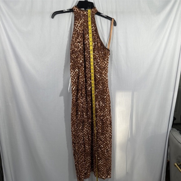 NEW $398 Mac‎ Duggal [ 10 ] Sequin Plaid Halter Neck Cocktail Dress Copper - Picture 5 of 15